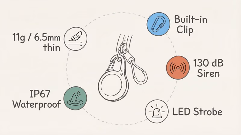 Pebblebee Clip 5 design features including LED strobe, 130 dB siren, and detachable clip
