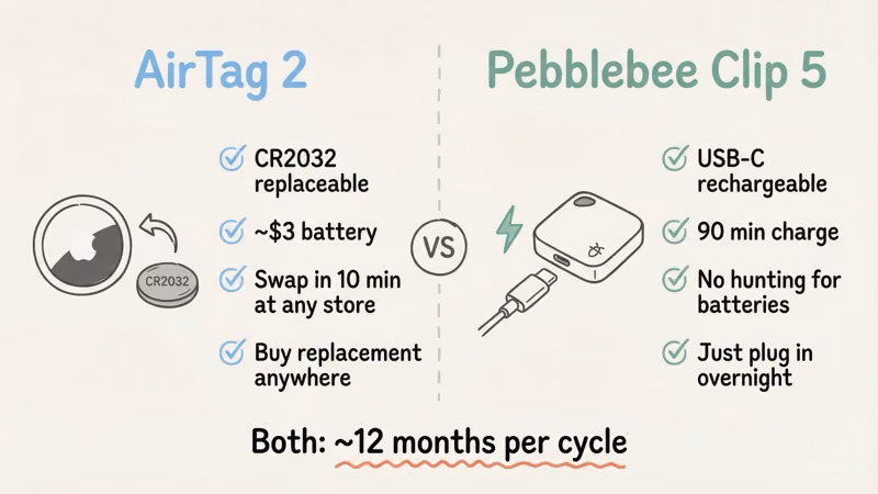 Battery life comparison between Pebblebee Clip 5 USB-C rechargeable and AirTag CR2032 replaceable