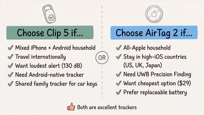 Buying decision guide showing when to choose Pebblebee Clip 5 versus AirTag 2