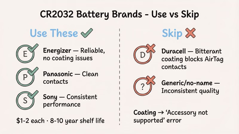 Comparison of CR2032 battery brands for AirTag including Energizer, Panasonic, and Duracell