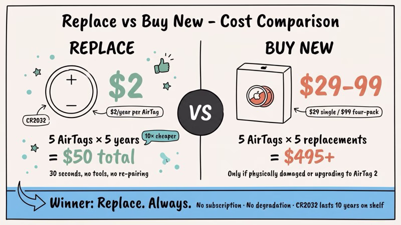 Cost comparison of AirTag battery replacement vs buying a new AirTag over multiple years