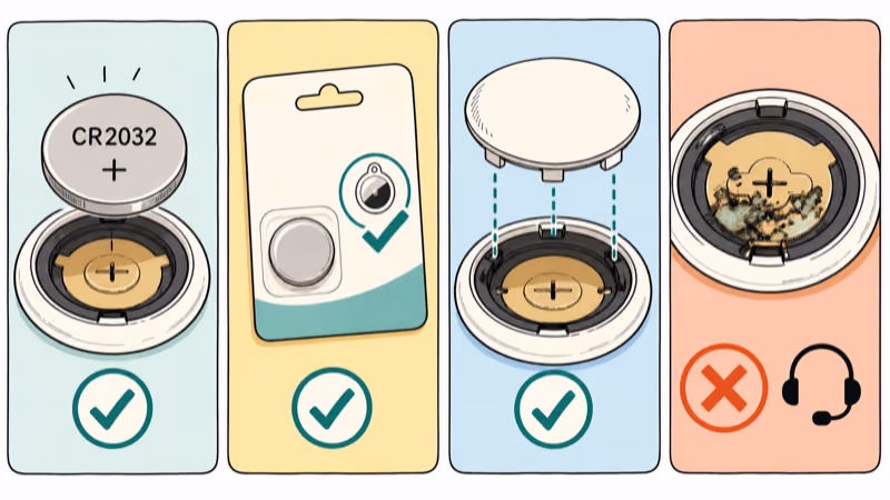 AirTag battery checks for positive-side orientation, compatible packaging, cover alignment, and damaged contacts