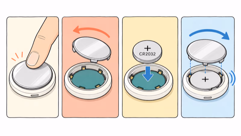 Four-step AirTag battery replacement sequence showing cover removal, CR2032 orientation, and cover alignment
