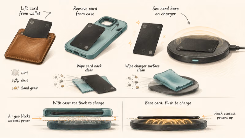 Removing the AirCard Pro from a wallet and case and wiping debris off the charging coil