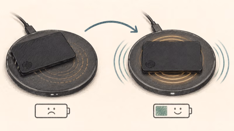 AirCard Pro charging only when centered over the wireless pad coil, not at the rim