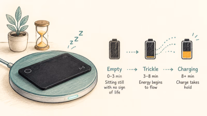 A deeply drained AirCard Pro sitting dark for several minutes before its battery starts to fill