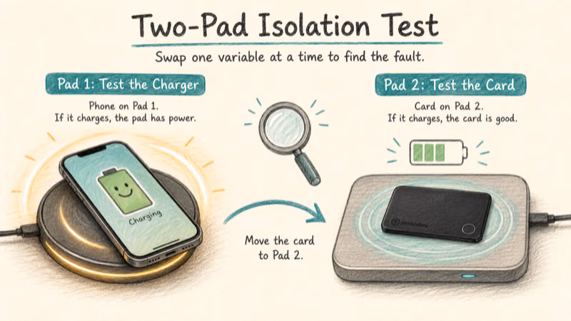 Two-pad isolation test swapping the AirCard Pro and a phone across chargers to find the fault