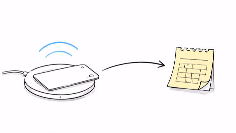 Notion hand-drawn card tracker on a wireless charging pad with an arc to a calendar