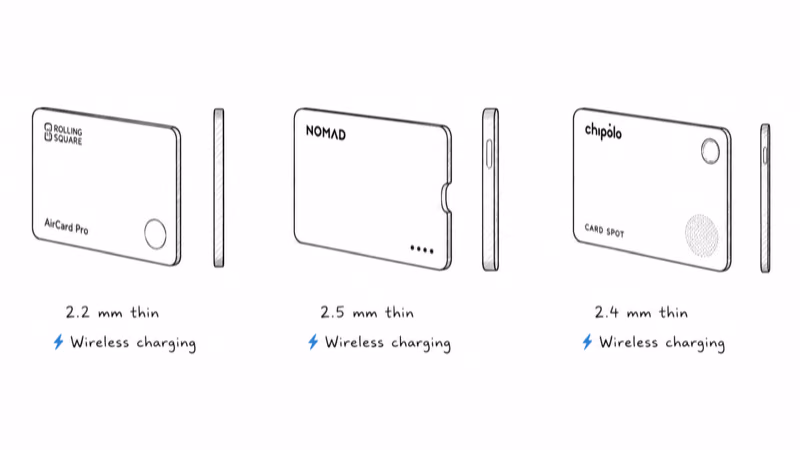 Notion hand-drawn row of three wallet card trackers compared on thickness and charging