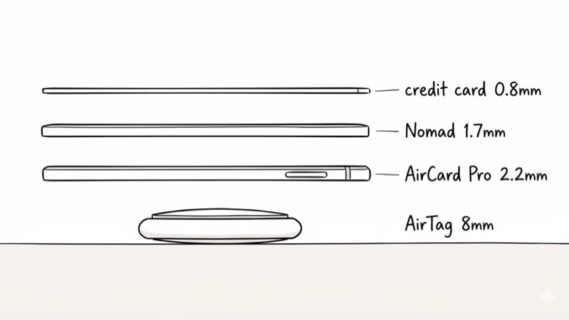 Wallet tracker thickness comparison credit card Nomad AirCard Pro AirTag side by side