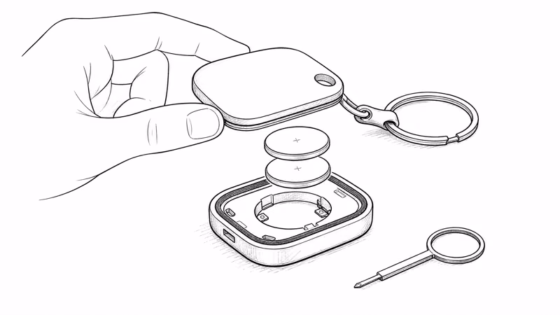 Opened keychain tag with two stacked CR2032 coin cells and an opening tool for a battery swap