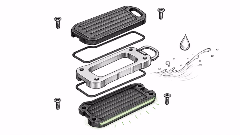 Exploded view of the keychain tag showing aluminum frame, ribbed shells, gaskets, and Torx screws
