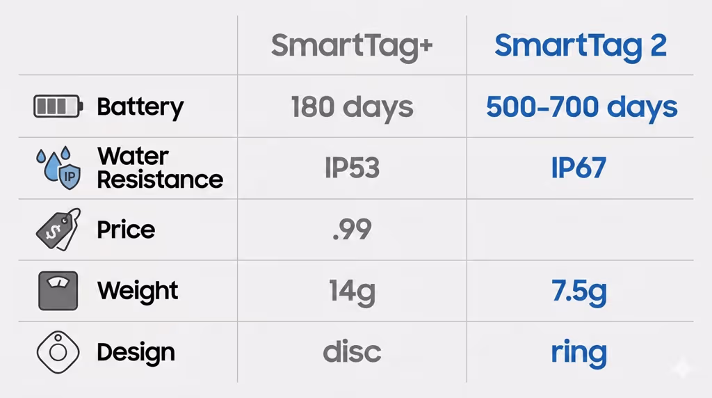 Samsung SmartTag Plus vs SmartTag 2 side-by-side specs comparison