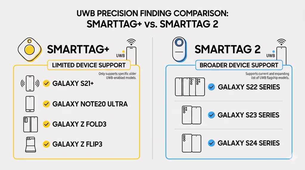 UWB precision finding comparison between SmartTag Plus and SmartTag 2 device compatibility