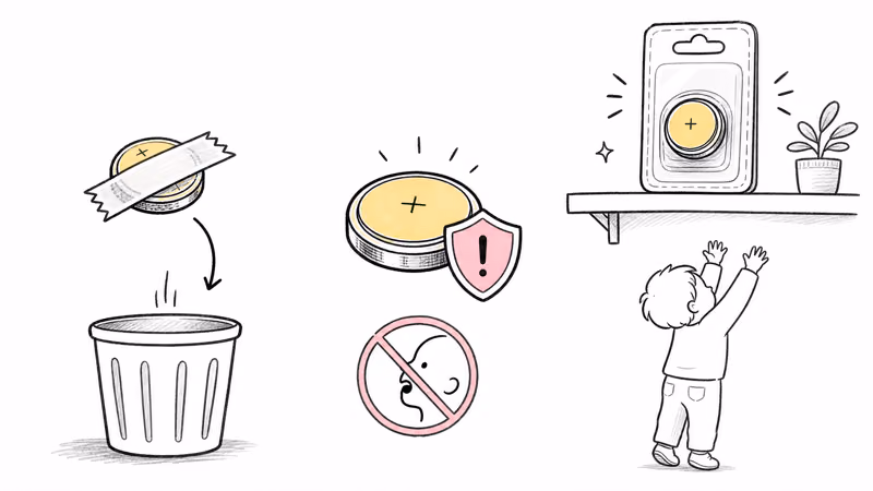 Coin-cell safety: tape the used cell before disposal and keep fresh batteries in child-resistant packaging out of reach