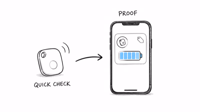 Notion hand-drawn tag beside a phone showing a full battery indicator on the device card
