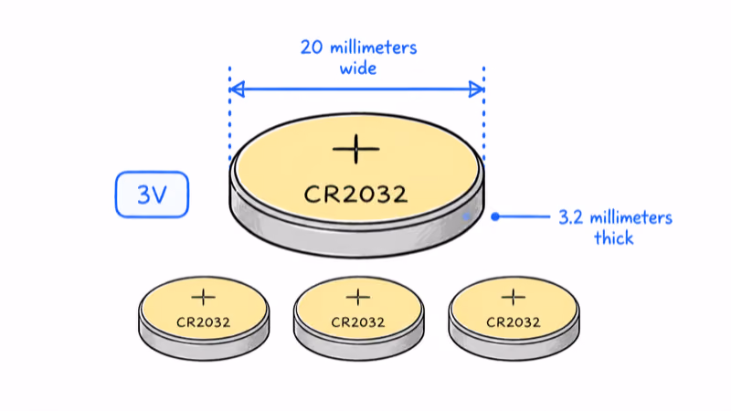 CR2032 coin cell diagram showing 20mm width, 3.2mm thickness, and 3-volt rating with interchangeable brands