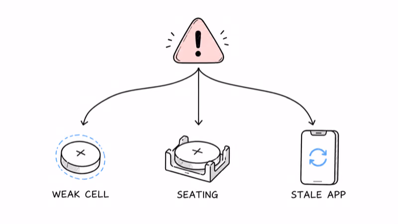 Notion hand-drawn alert badge branching into weak cell, seating and stale app causes