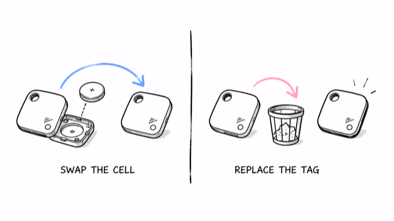 Notion hand-drawn comparison of swapping a coin cell against discarding a sealed tag entirely