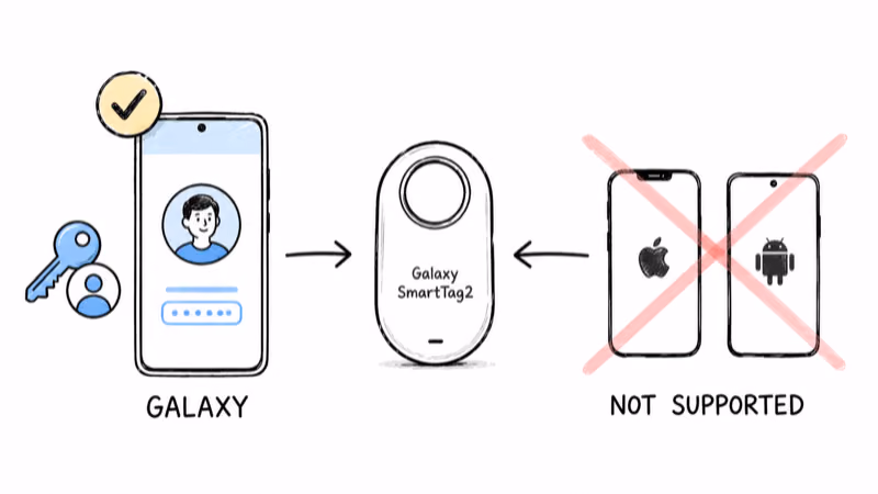 The SmartTag 2 only registers on a Galaxy phone signed in to a Samsung account, not an iPhone or other Android