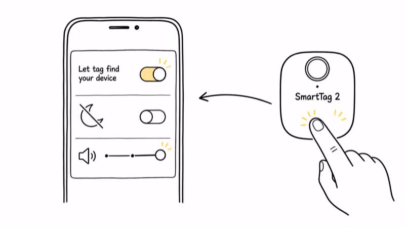 Phone settings showing Let tag find your device toggle on, DND off, and volume raised