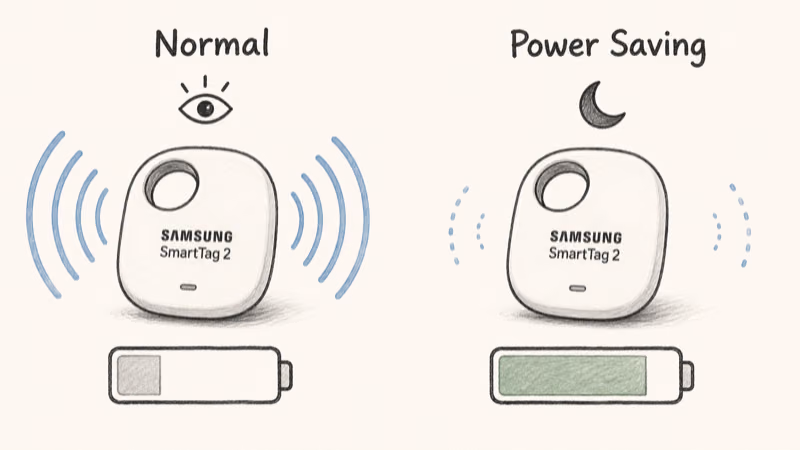 Samsung SmartTag 2 in Normal Mode awake versus Power Saving Mode asleep with longer battery life