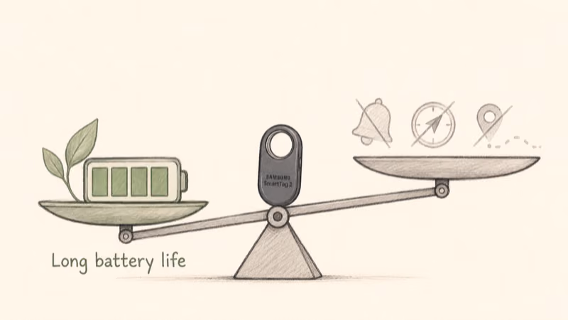 Balance scale weighing long SmartTag 2 battery life against losing instant ring and precise finding
