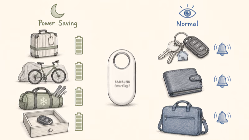 Items sorted into Power Saving Mode for stored gear and Normal Mode for daily-carry keys and wallet