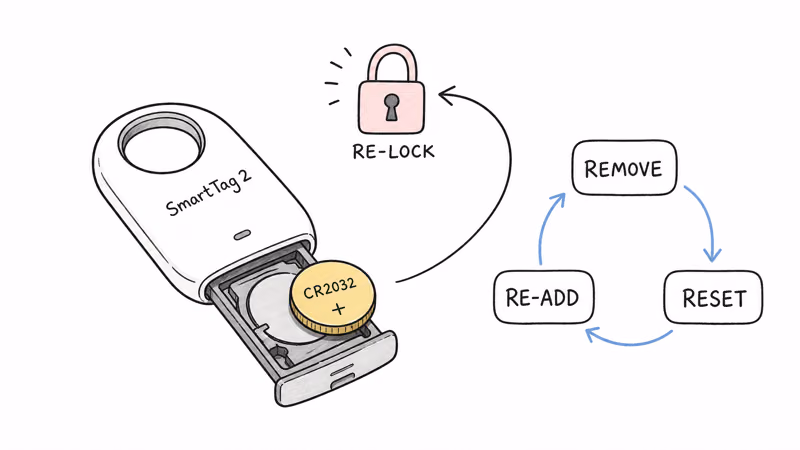 SmartTag 2 re-triggering its ownership lock after a CR2032 swap, fixed by remove, reset, and re-add