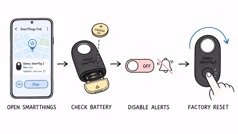 Notion hand-drawn illustration showing four troubleshooting steps for SmartTag beeping: open SmartThings Find, check battery, toggle alerts, and factory reset