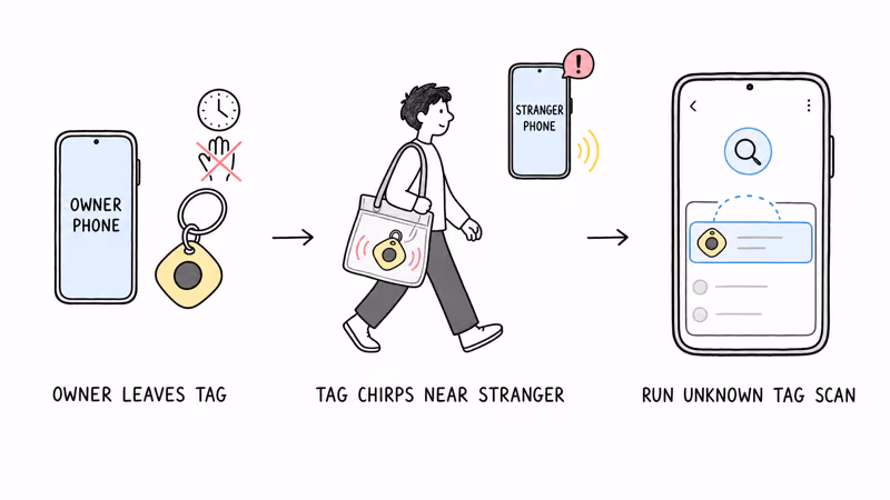 Notion hand-drawn illustration showing a SmartTag separated from its owner traveling with a stranger, the stranger's phone receiving an Unknown Tag notification, and the SmartThings Find Unknown Tag Search workflow that locates and disables the alert