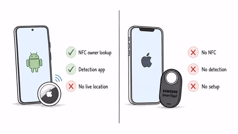 AirTag on Android keeps NFC owner lookup and detection while SmartTag2 on iPhone exposes nothing