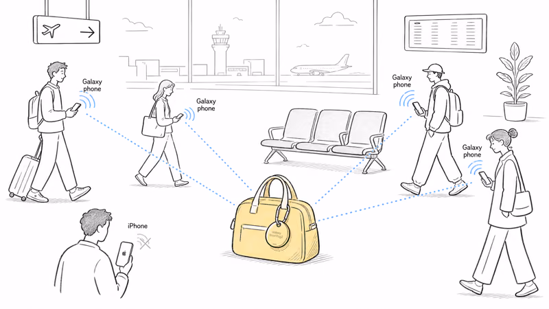 A lost SmartTag2 on a bag in an airport relays its location only through passing Galaxy phones, not iPhones