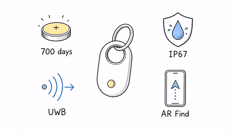 Samsung SmartTag2 hardware strengths: 700-day battery, IP67 rating, Ultra Wideband, and AR Find mode