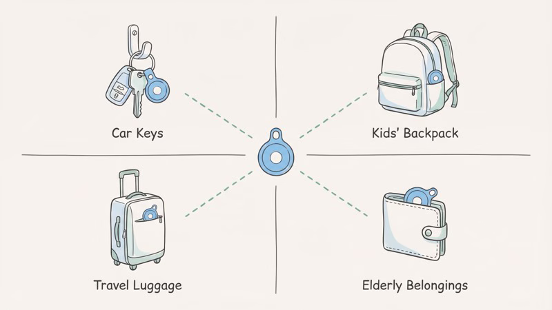 Common family AirTag setups for car keys, kids backpacks, luggage, and elderly care