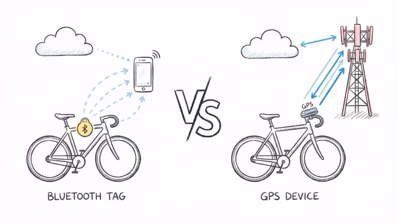 Notion hand-drawn illustration comparing Bluetooth tracker relying on nearby phone relay versus GPS tracker sending signal directly to cell tower