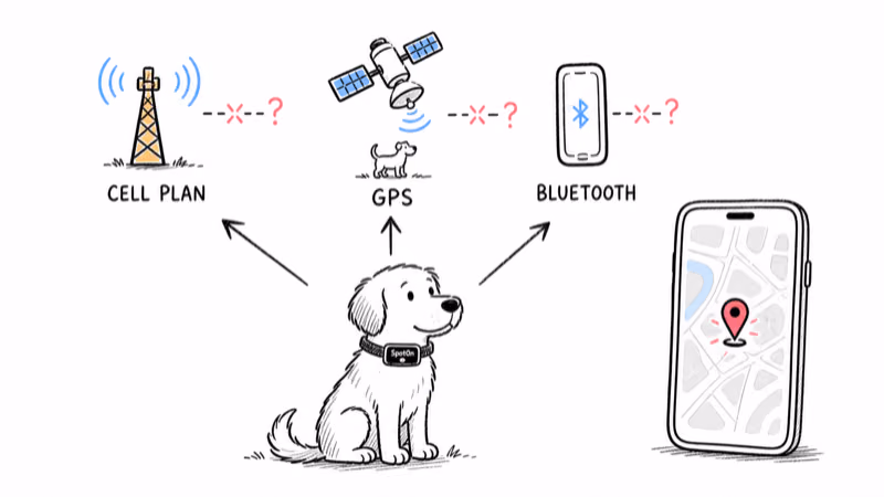 SpotOn collar tracking depends on three handoffs: cell plan, GPS, and Bluetooth pairing to the phone