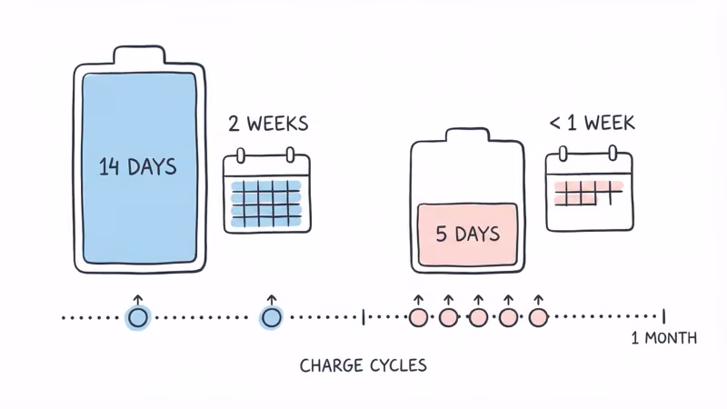 battery life comparison showing Spytec GL300 at 14 days versus Tracki at 5 days per charge