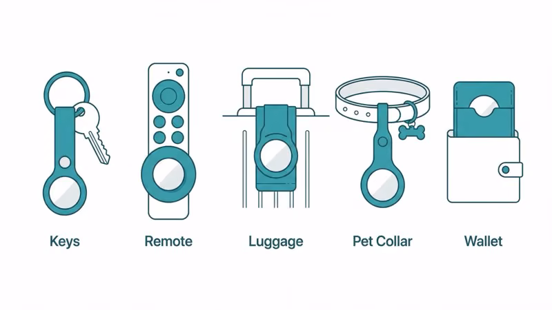 AirTag keychain cases and wallet card trackers lined up as Tile hardware replacements