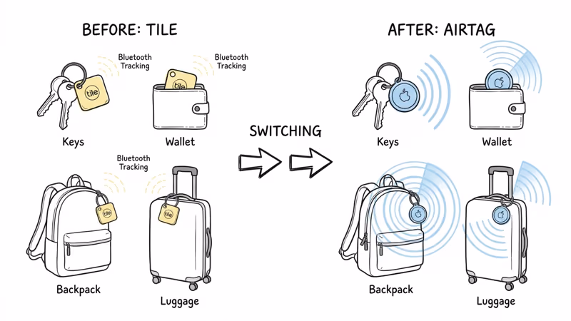 AirTag and Tile tracker side by side showing keys wallet luggage and pet use cases