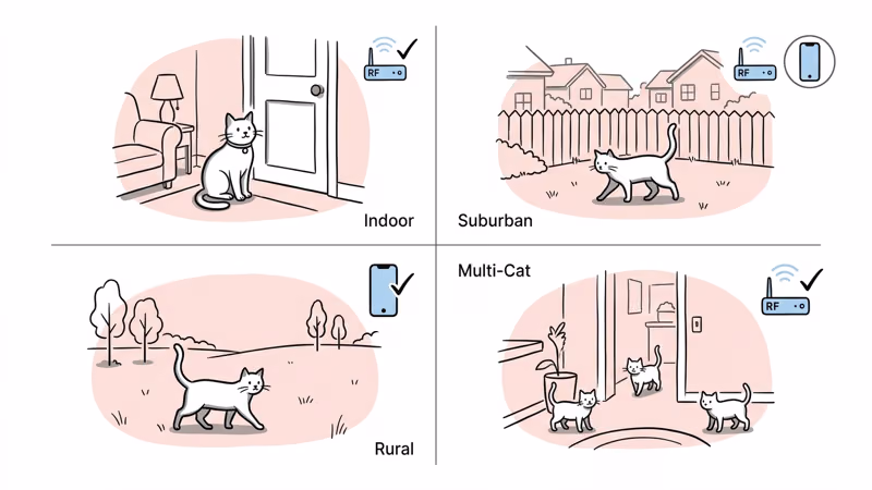 Four cat lifestyle scenarios showing which tracker works best for each situation