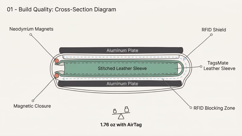 TagsMate wallet cross-section showing aluminum plates, leather sleeve, and AirTag compartment