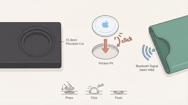 Close-up of the TagsMate precision-cut 31.9mm AirTag slot showing flush fit