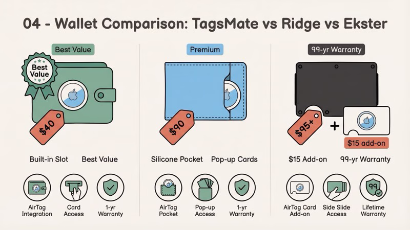 TagsMate vs Ridge vs Ekster wallet comparison on price, AirTag integration, and features