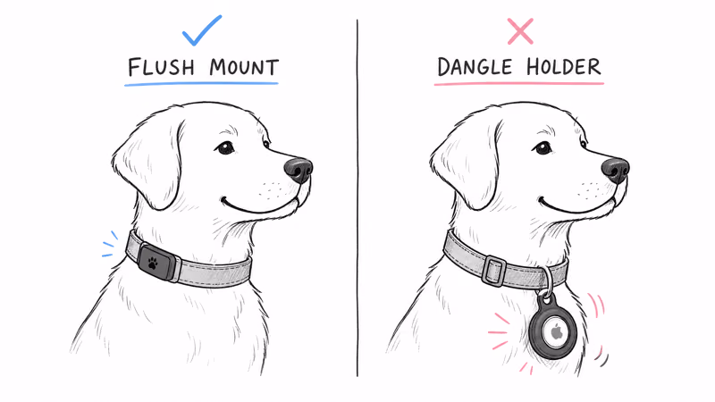 Flush TagVault Pet mount compared to a dangling silicone AirTag holder on a dog collar