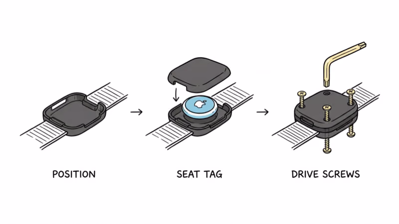 Three-step TagVault Pet install sequence positioning the enclosure and driving Torx screws through a dog collar