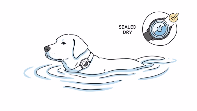 Dog swimming with a TagVault Pet AirTag enclosure staying sealed and dry inside