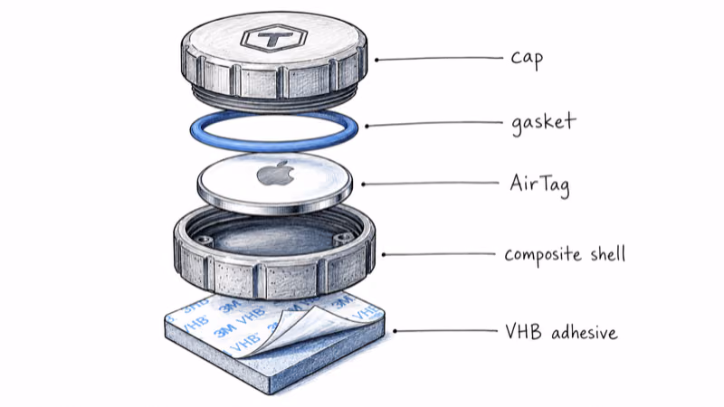 Exploded view of the TagVault Surface enclosure showing cap, gasket, AirTag, composite shell, and 3M VHB adhesive pad