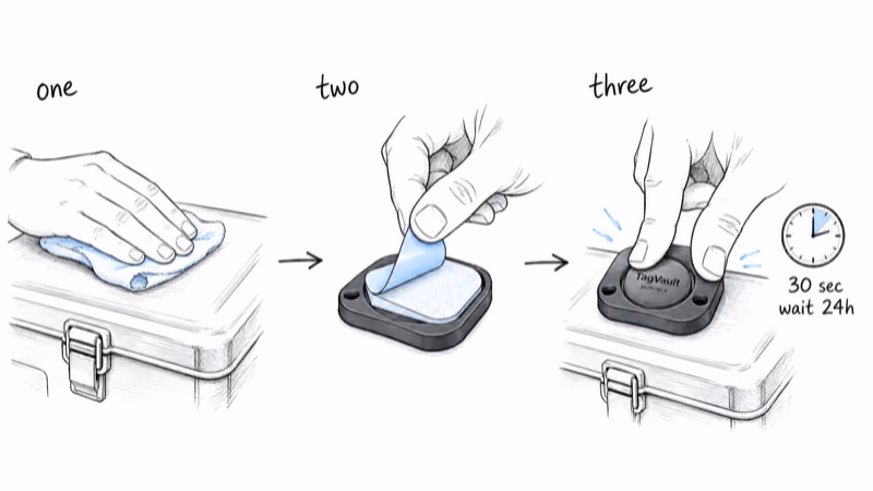 Three-step install sequence: wipe the surface clean, peel the adhesive liner, then press the mount for thirty seconds