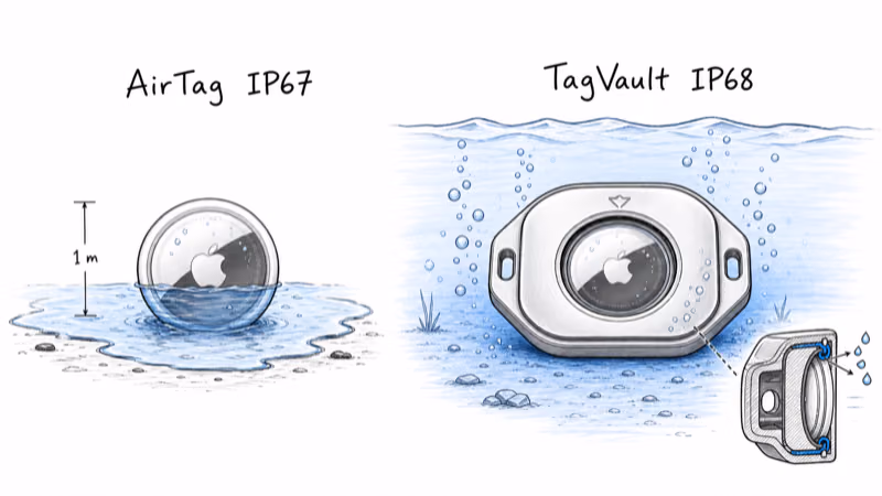 Comparison of a bare AirTag rated IP67 in shallow water versus the gasketed TagVault Surface mount sealed IP68 underwater